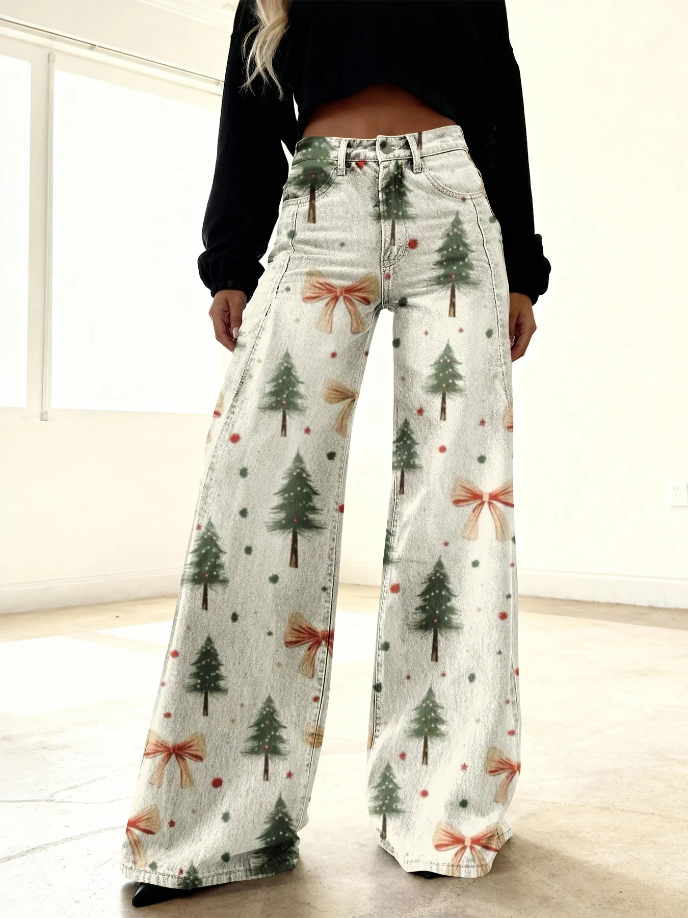 Women's imitation denim printed high waisted flared pants, sweet and cute, Women's denim appearance pants
