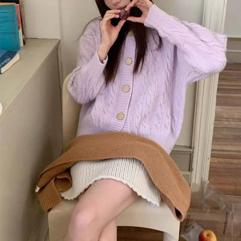 Vrouwen Snoep Kleuren Twist Gebreide Vesten Dikker O-hals Single-Breasted Vest Trui Vrouw Casual Lange Mouw Truien