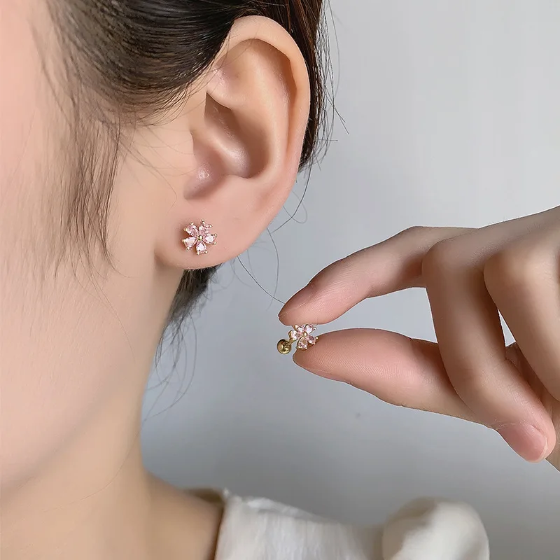 Fashion Exquisite Pink Crystal Flower Tragus Stud Earrings For Women Light Luxury Sweet Wedding Dance Party Jewelry Gift