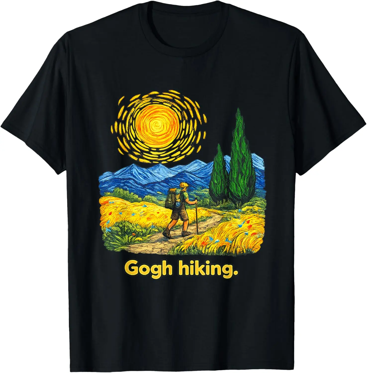 Hiking Funny Outdoorsy Van Gogh Art Nature Hiker T-Shirt 100% Cotton Trendy Y2K Short-Sleeve Tee – Soft, Quick-Drying, & Moisture-Wicking; Ideal for Sports or Casual Wear; Great Gift for Christmas or Halloween.