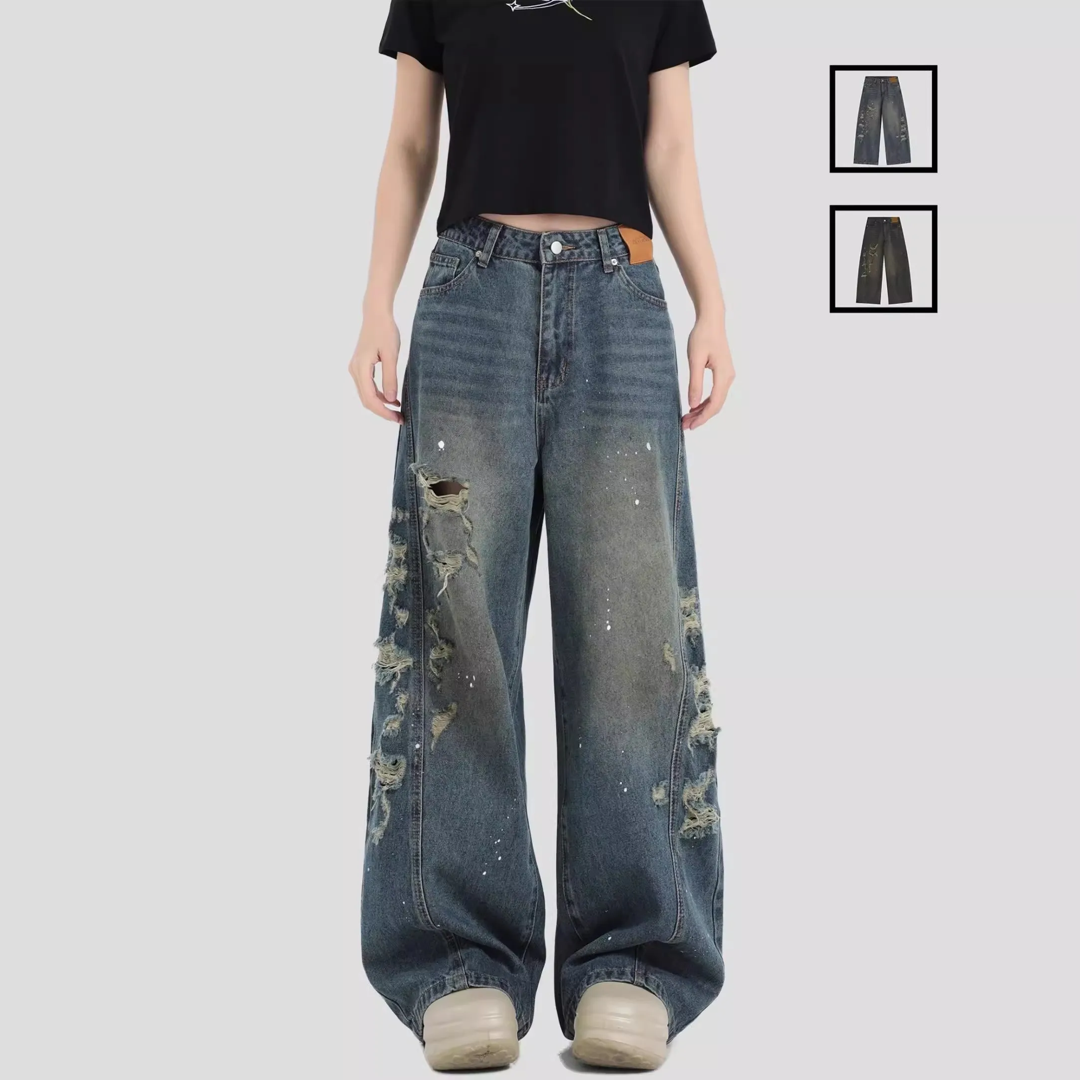 

Джинсы Cleanfit в стиле ретро с американской талией, свободные прямые длинные брюки, одежда для пар, выцветшие повседневные брюки