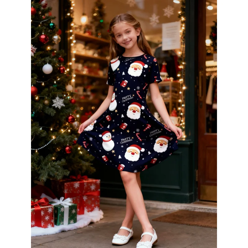 

Girls Christmas Themed Short-Sleeved Dress All-Over Printed Holiday Atmosphere Children's Clothing 2026