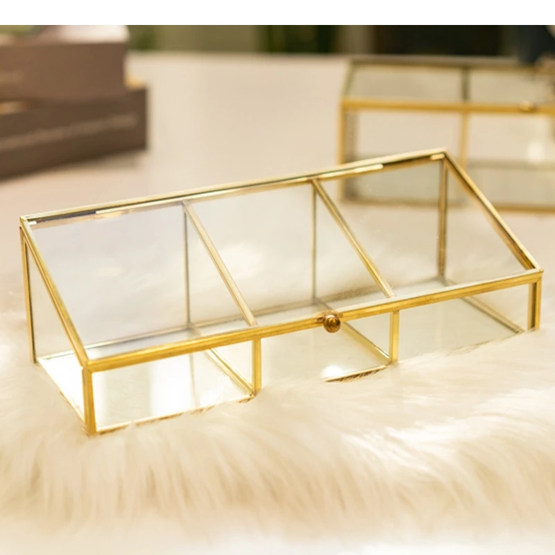 

Metal Glass Storage Box Three-Grid Jewelry Lipstick Eyeshadow Cosmetics Container Living Room Desktop Organizer