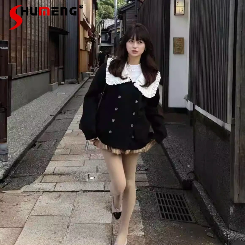 

Японский стильный двубортный черный вязаный кардиган-жакет: новинка весны 2026 года, женская модная повседневная вязаная куртка со съемным воротником