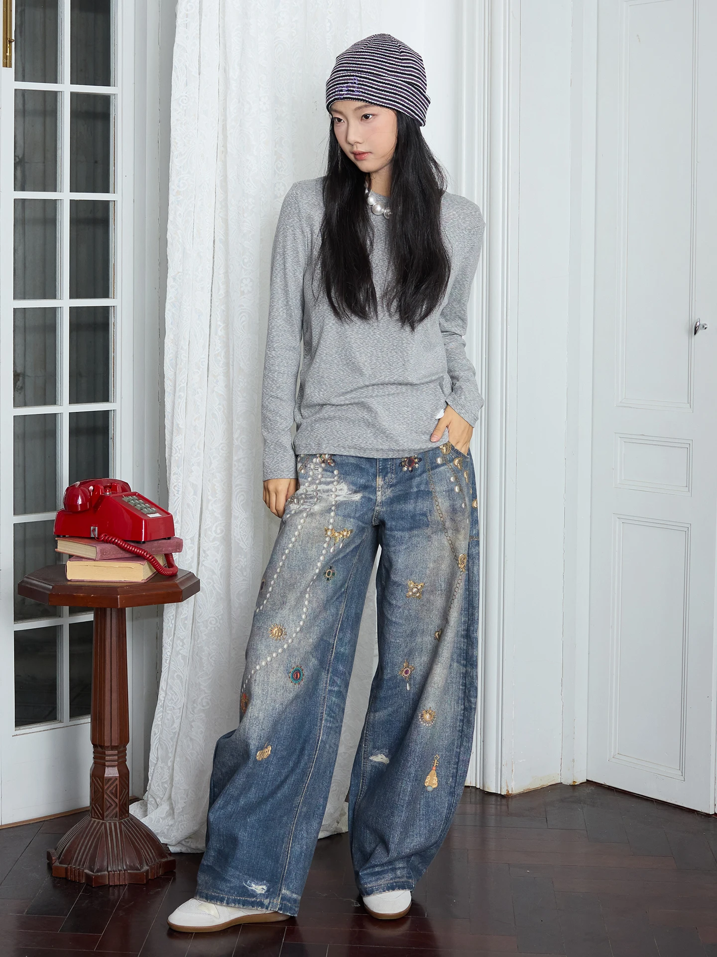 

Модные джинсы с ножом и принтом, модная брошь в стиле ретро для девочек, свободная посадка на талии, без эластичности, подарок, брошь с драгоценными камнями