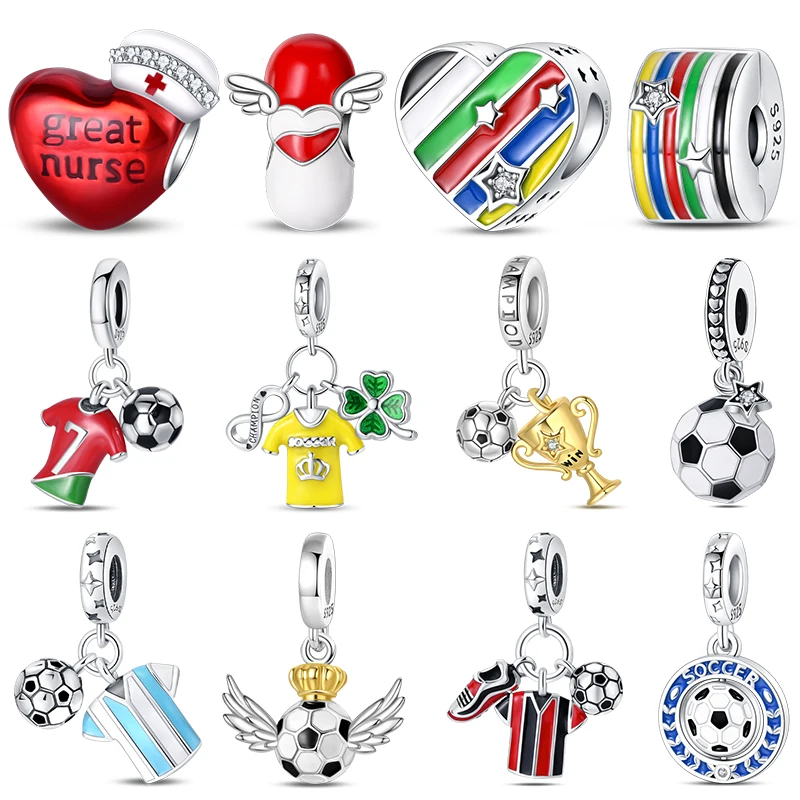 New 925 Silver Soccer Ball Uniform Champion Cup Flags Charms Bead Fit Pandora 925 Original Bracelets Fine DIY Souvenir Jewelry