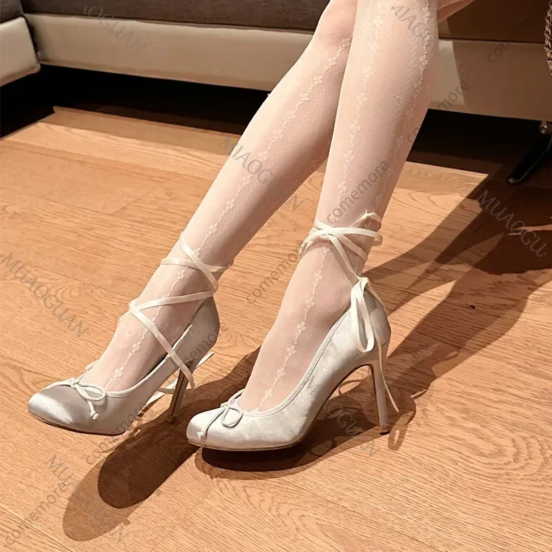 Comemore عالية الكعب النساء أحذية الربيع جولة رئيس القوس الساتان الباليه الكعوب للنساء Gentle الفرنسية مزاجه مضخات حذا فردي للسيدات #1