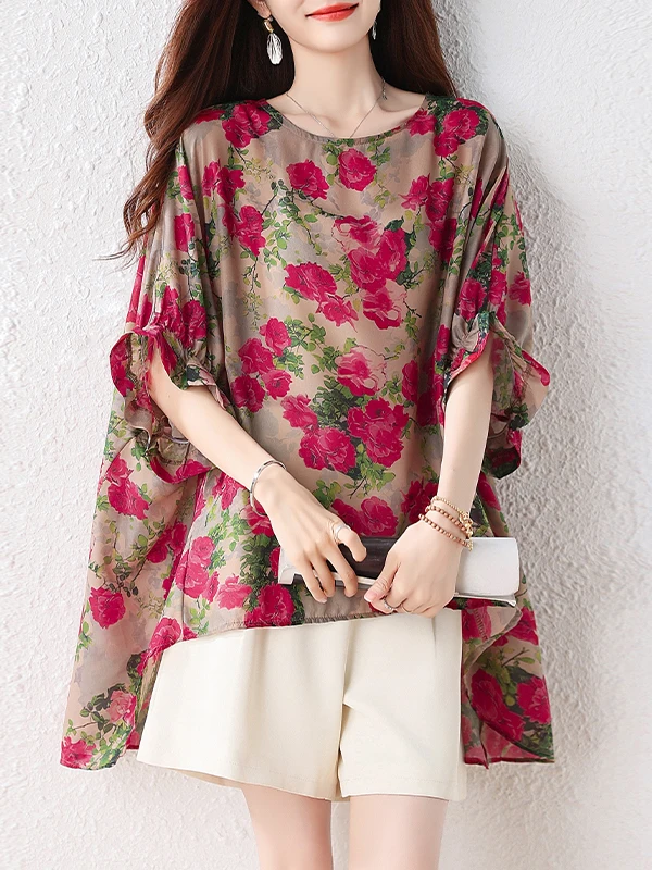 Retro Printed T-Shirt Women's Loose plus Size Summer Fashionable Slimming Large Code Chiffon Top for Plump MM round Neck Shor...