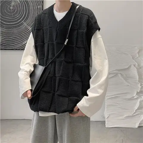 2023 Autumn New Fashion Sweater Vest Men Loose All-match Sleeveless Sweater All-match Boutique Clothing Simple Style