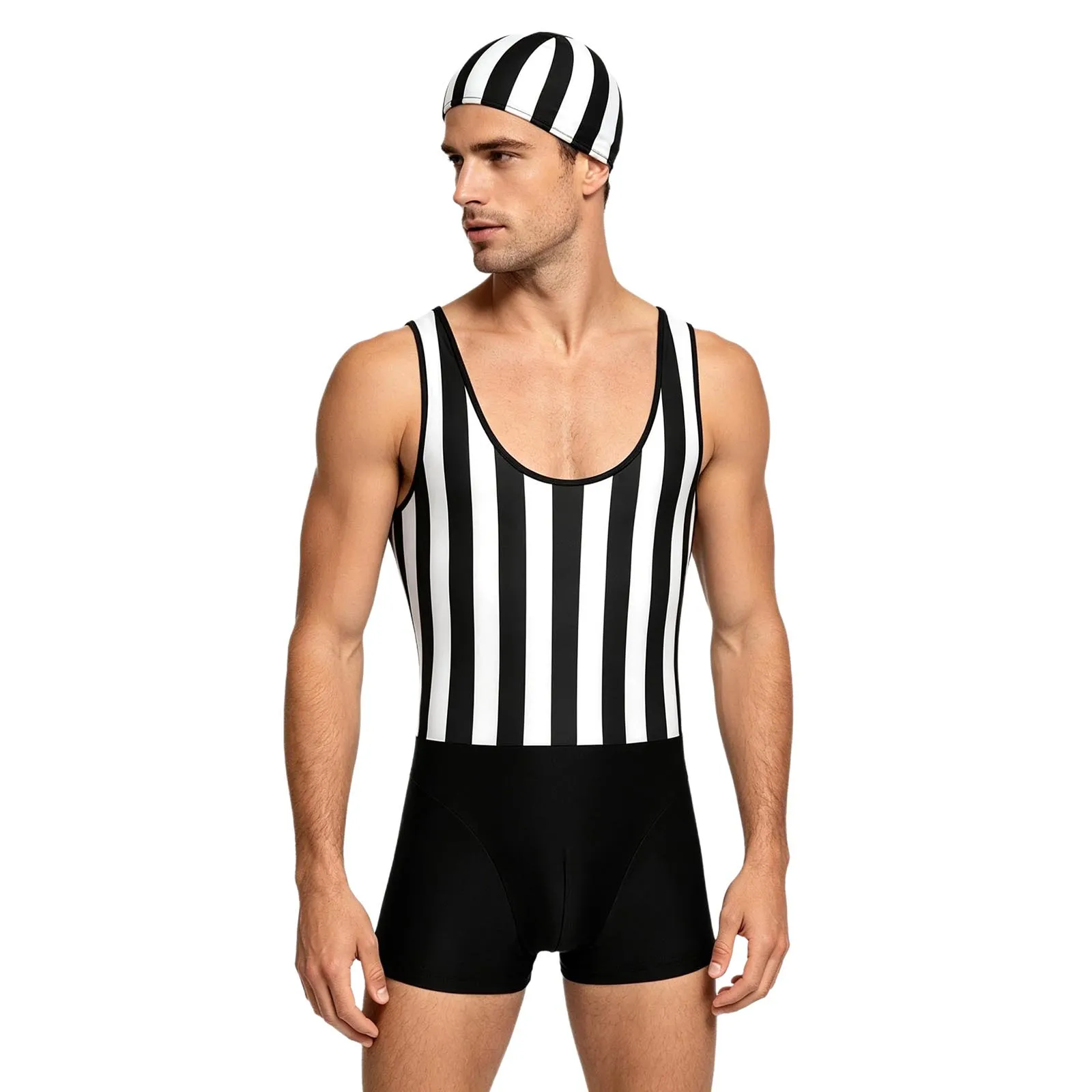

Men Striped Jumpsuit Quick-dry Swimsuit with Swim Cap Sleeveless Stretchy Wrestling Singlet Sports Fitness Bodysuit Bathing Suit