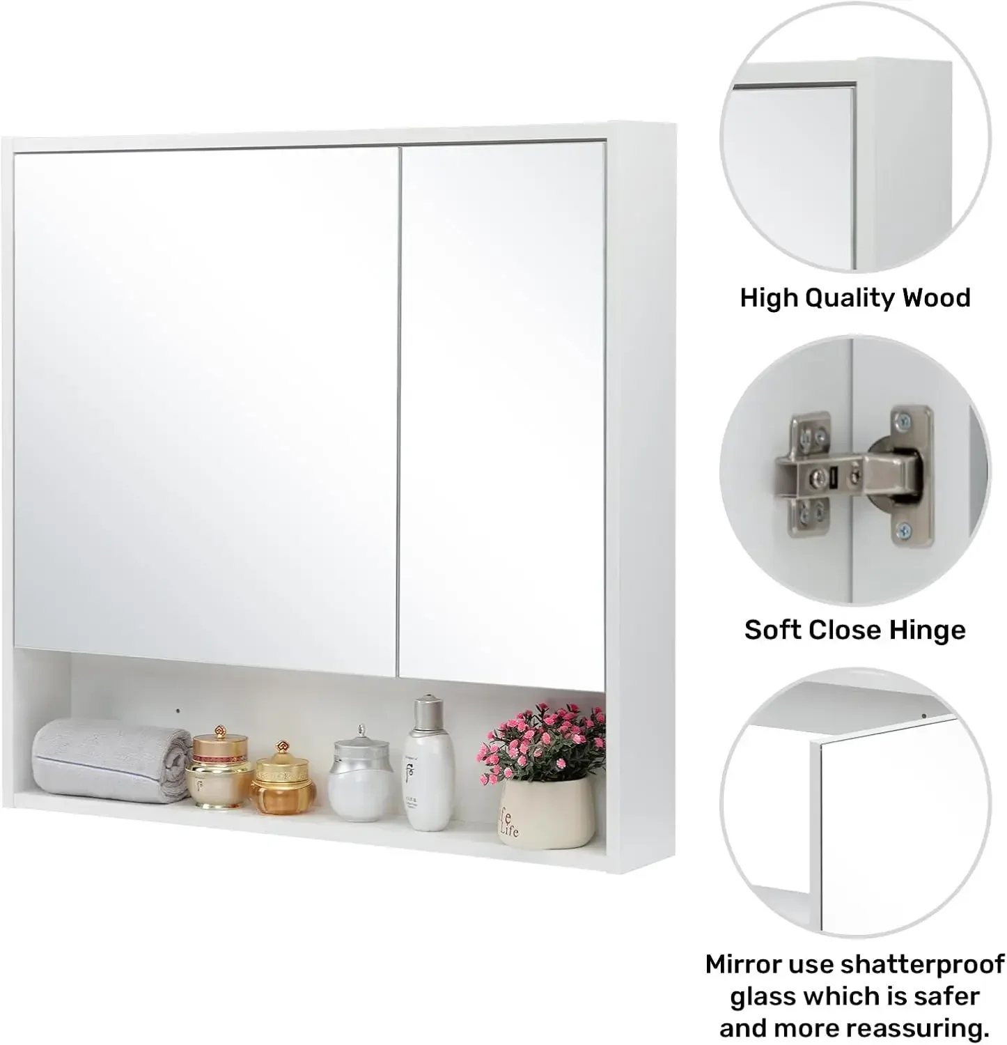 Medicine Cabinet with Mirror and Shelves, Bathroom Wood Wall Cabinet Over The Toilet, Vanity, (No Back Board), Recesse