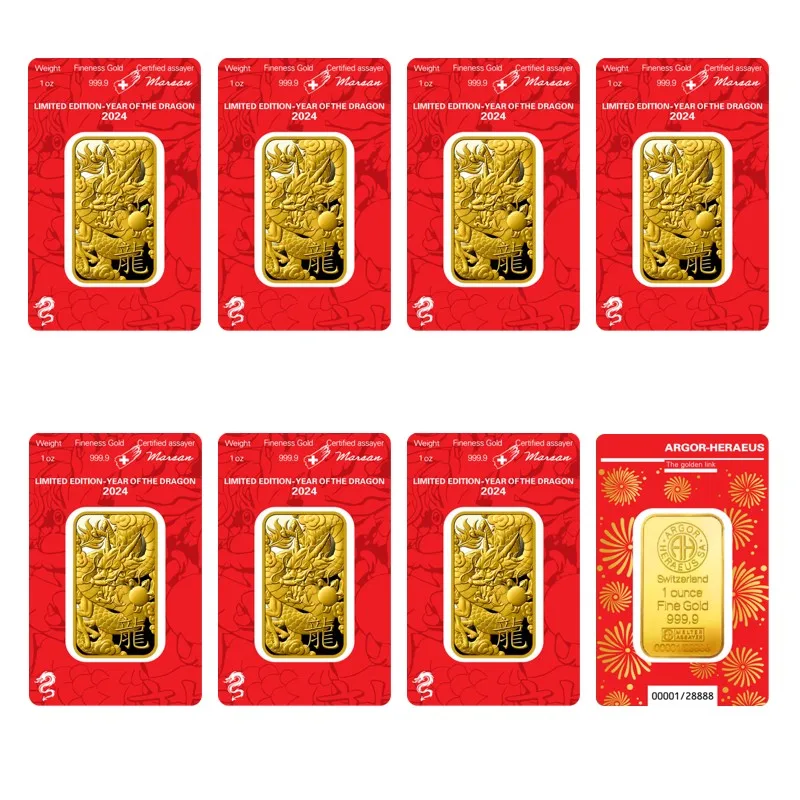 

Limited Edition One Ounce Gold Bar Argor Heraeus 2024 Dragon Year Replica Brass Gold-plated Crafts with Different Numbers