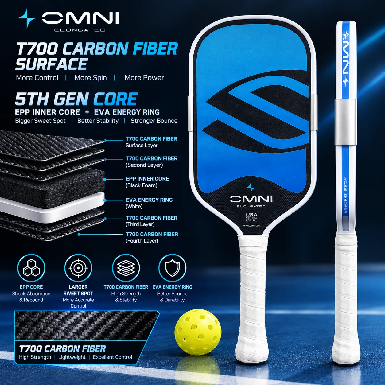 Pickleball paddle with OMNI design, BOOMSTICK model, 16mm EPP foam core, T700 carbon fiber, professional heat-molded paddle