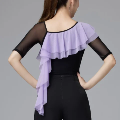 بدلة رقص حديثة قطعة واحدة مع أكمام دانتيل متدلية على الكتف، قميص تدريب للرقص اللاتيني، أزياء نسائية لربيع 2025