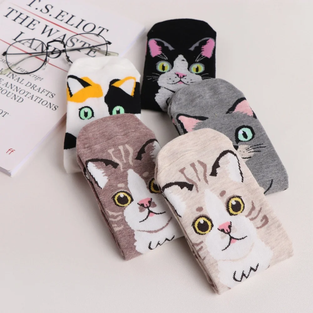 5 Pairs Funny Cute Adult Cartoon Socks Animal Kawaii Cat Casual Comfortable Cotton Mid-tube Women Socks