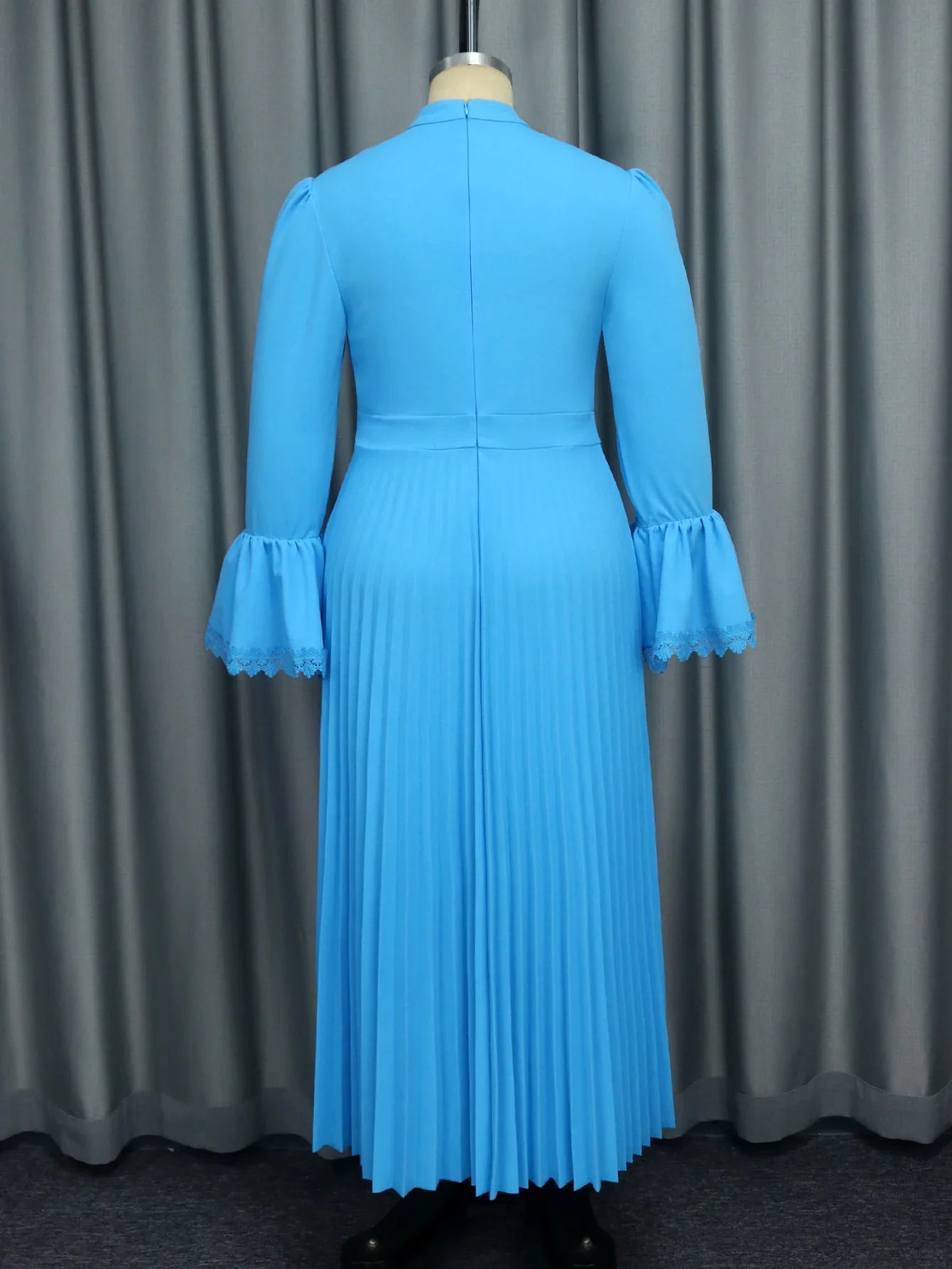 Blaue Maxi kleider für Frauen stehen Kragen lange Flare Ärmel Spitze Empire Plissee Vintage elegante schlanke Abend Bankett Party kleider