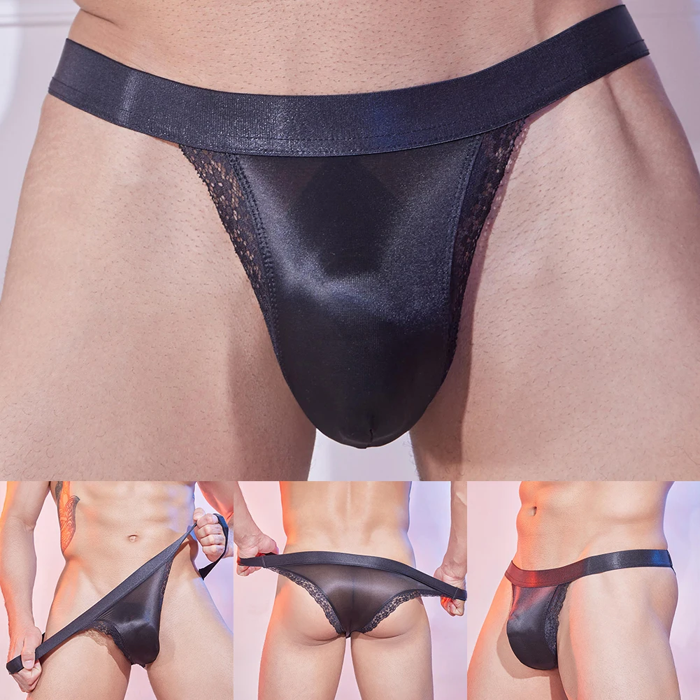 Mens Sexy Briefs High Elastic Underwear Oil Shiny Glossy See-Through Underpants Silky- Breathable Lace Low Waist Thongs