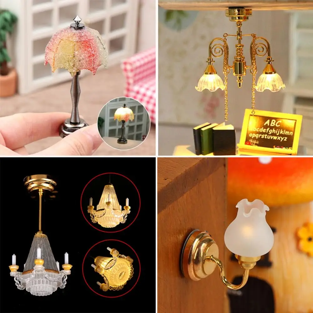 

1:12 Dollhouse Colored Glass Lamp Mini DIY Miniature LED Golden Light 10 Styles Ceiling Lamp Chandelier Doll House Accessories