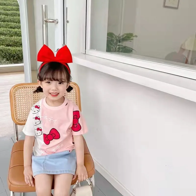 Hello Kitty Summer New Children\'s Clothing Cotton Girls Cute Printed Bow Top Kid\'s Fashion Round Neck Contrast Color T-Shirt