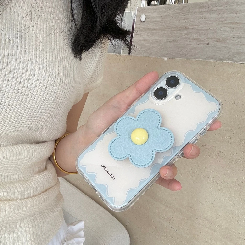 

Simple Fresh Blue Wavy Border Flowers With Holder Shockproof Protective Phone Cover Case for iPhone 16 15 14 13 Pro Max