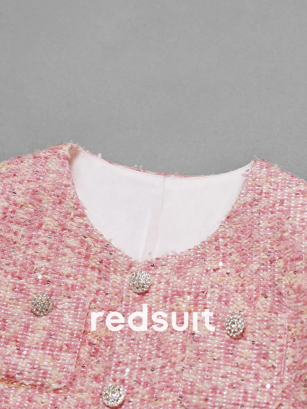 New Pink diamond button shiny floral yarn lightweight floral short sleeved top jacket Custom Size