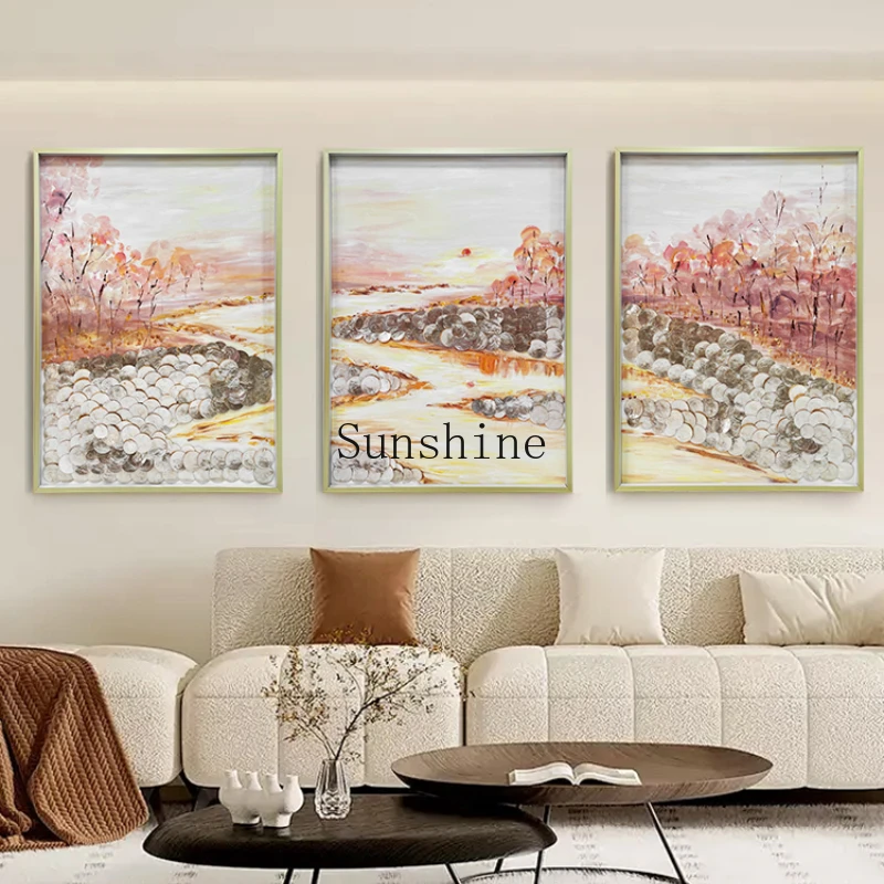 Modern, living room shell decoration, background wall triptych hanging high-end hand-painted oil painting