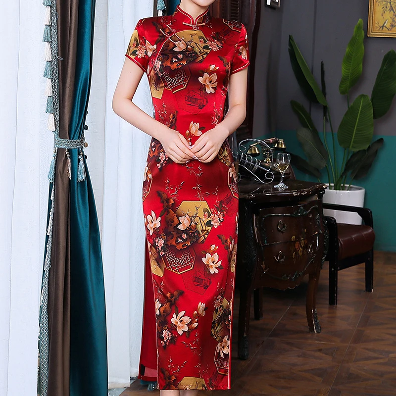 

Chinese Style Silk Formal Party Gown Retro Short Sleeve Cheongsam Printed Side Split Long Qipao Dress Vintage Orient Vestidos