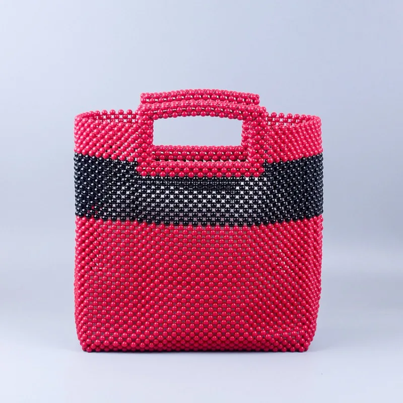 Customized Handmade Beaded Woven Women's Bags New Acrylic Red Splice Black Temperament Ladies Handbag Large Capacity Clutches