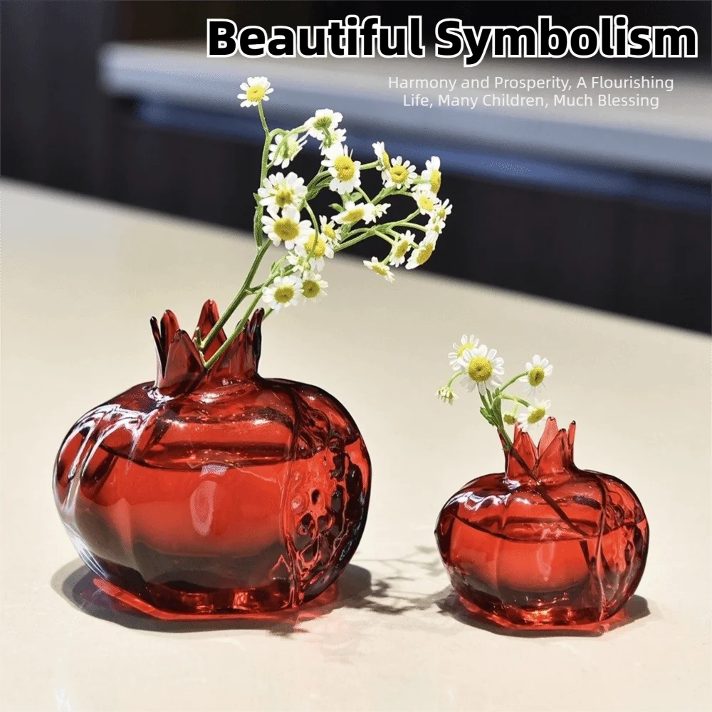 Unique Shape Transparent Pomegranate Glass Vase Red Decorative Hand-Blown Glass Vase Hydroponic Flower Vase Desktop Ornament