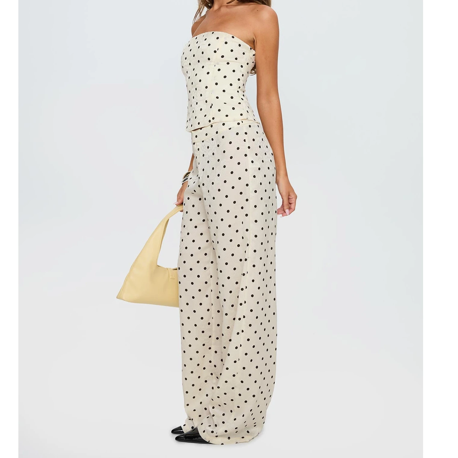 Women's High Street Sleeveless Pant Set Strapless Dots Print Tube Top And Wide Leg Pants Two Piece Outfit Loungewear