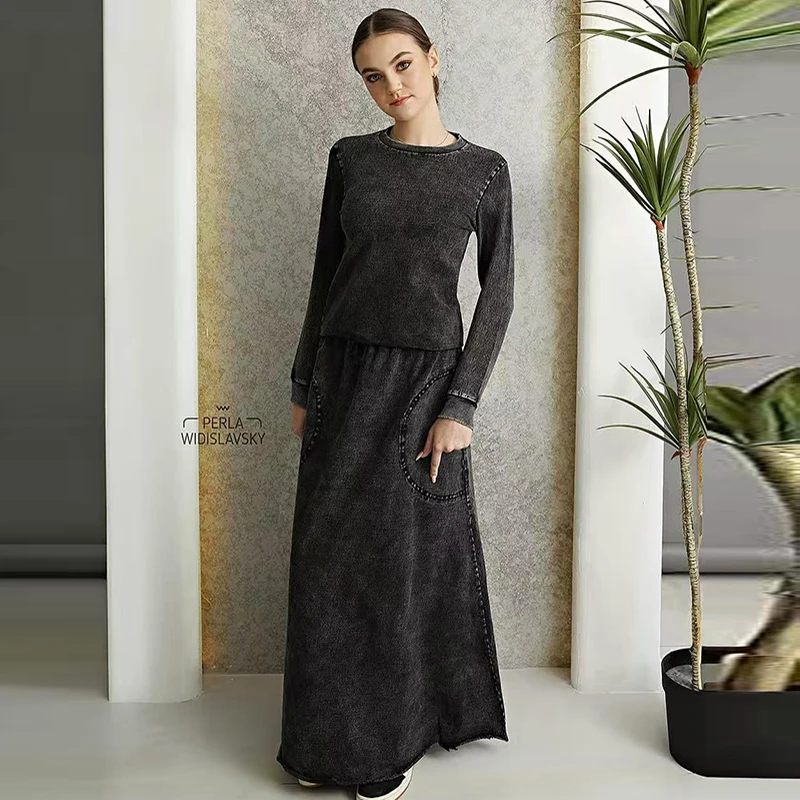 

Denim black women lady clothes round neck shirt maxi waisted skirt and long sleeves top set raw edges girl skirt with pockets