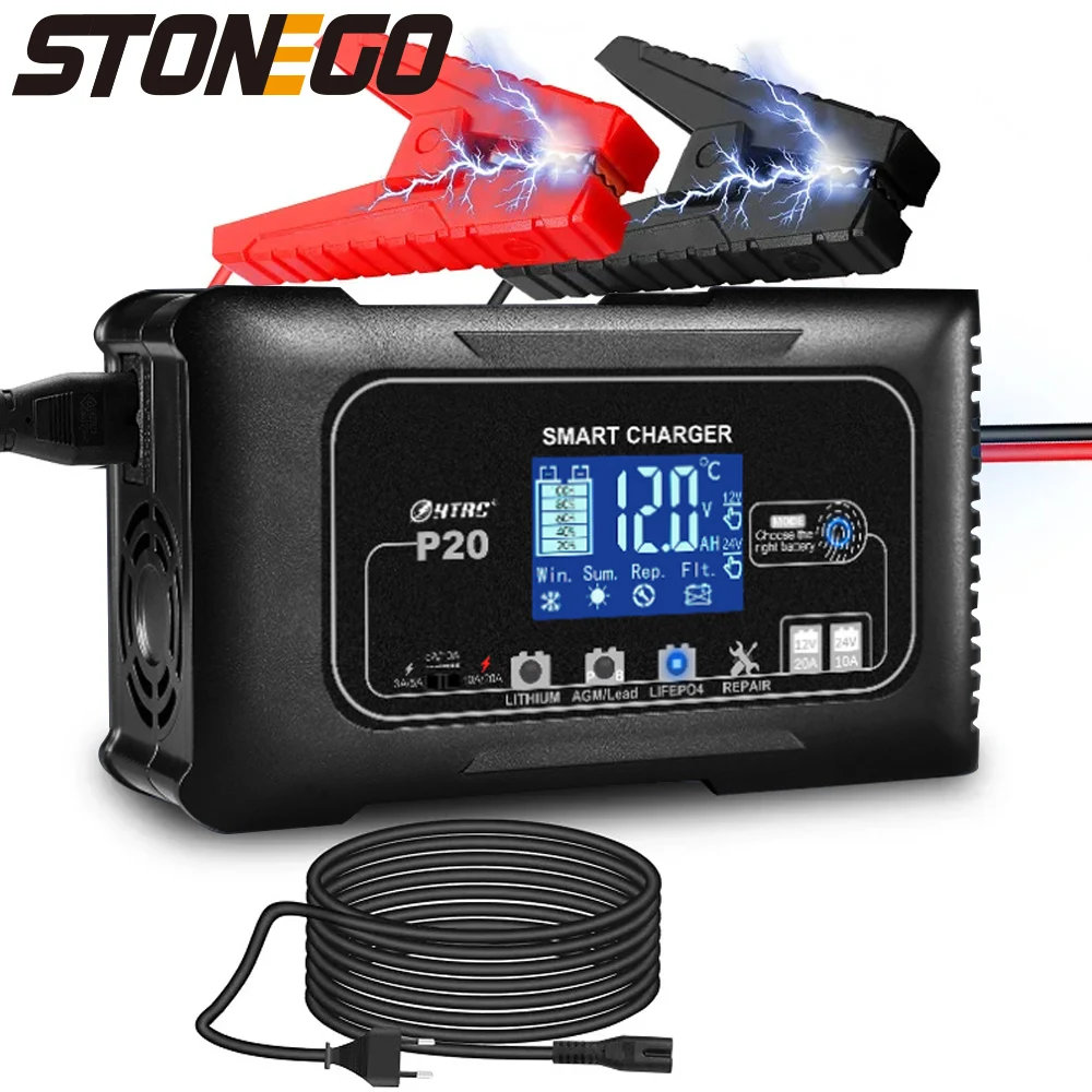 STONEGO 12V/24V Battery Charger 20A LCD Screen Automatically Pulse Repair Charger for ATV Motorcycle Lead Acid Agm Gel Lithium