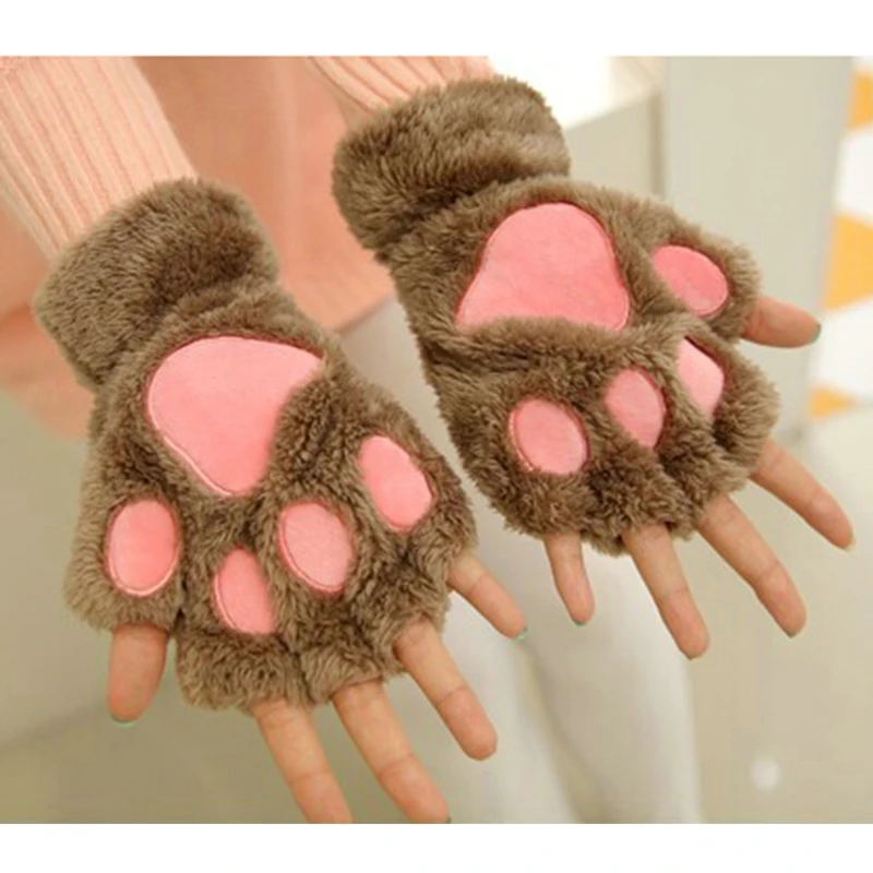 Kawaii Cat Claw Paw Plush Gloves Women Winter Warm Fingerless Gloves Fluffy Bear Cat Mittens Costume Half Finger Mittens Xmas