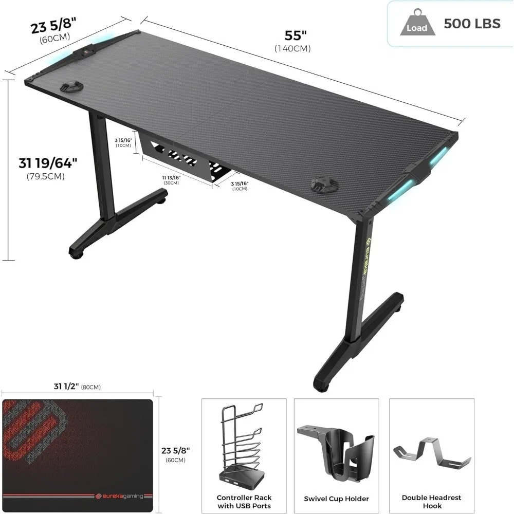 55 Inch Gaming Desk with Lights Up, Free Mouse Pad, USB Ports, Controller Stand, Cup Headset Holder, Ergonomic RGB LED Desk