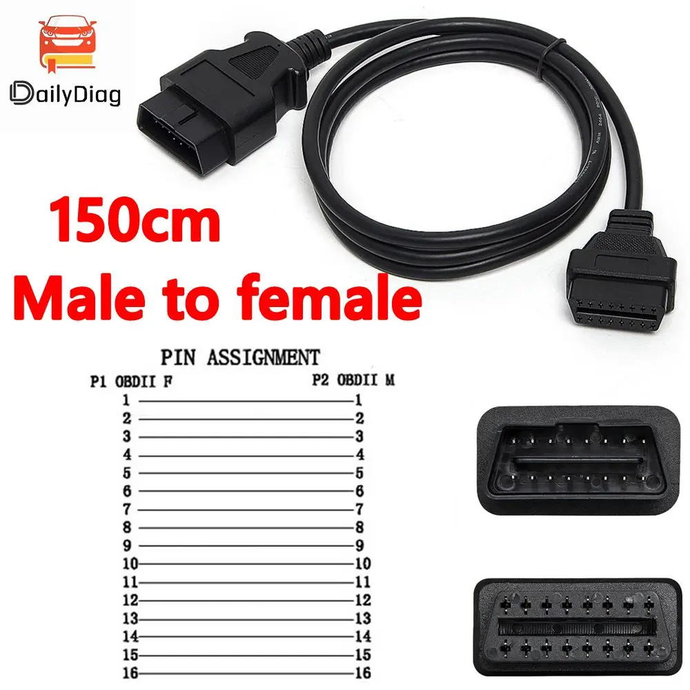

Высококачественный удлинительный кабель OBD2 «папа-мама», 16-контактный удлинительный разъем для автомобильного диагностического инструмента, удлинительный кабель 150 см, 1,5 м