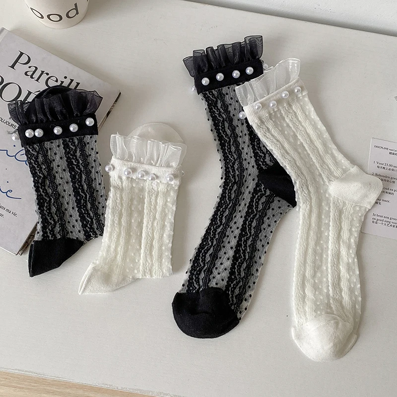 

Модные женские носки в корейском стиле, тонкие однотонные носки с жемчугом, кружевные носки с оборками, дышащие женские прозрачные носки в стиле Лолиты