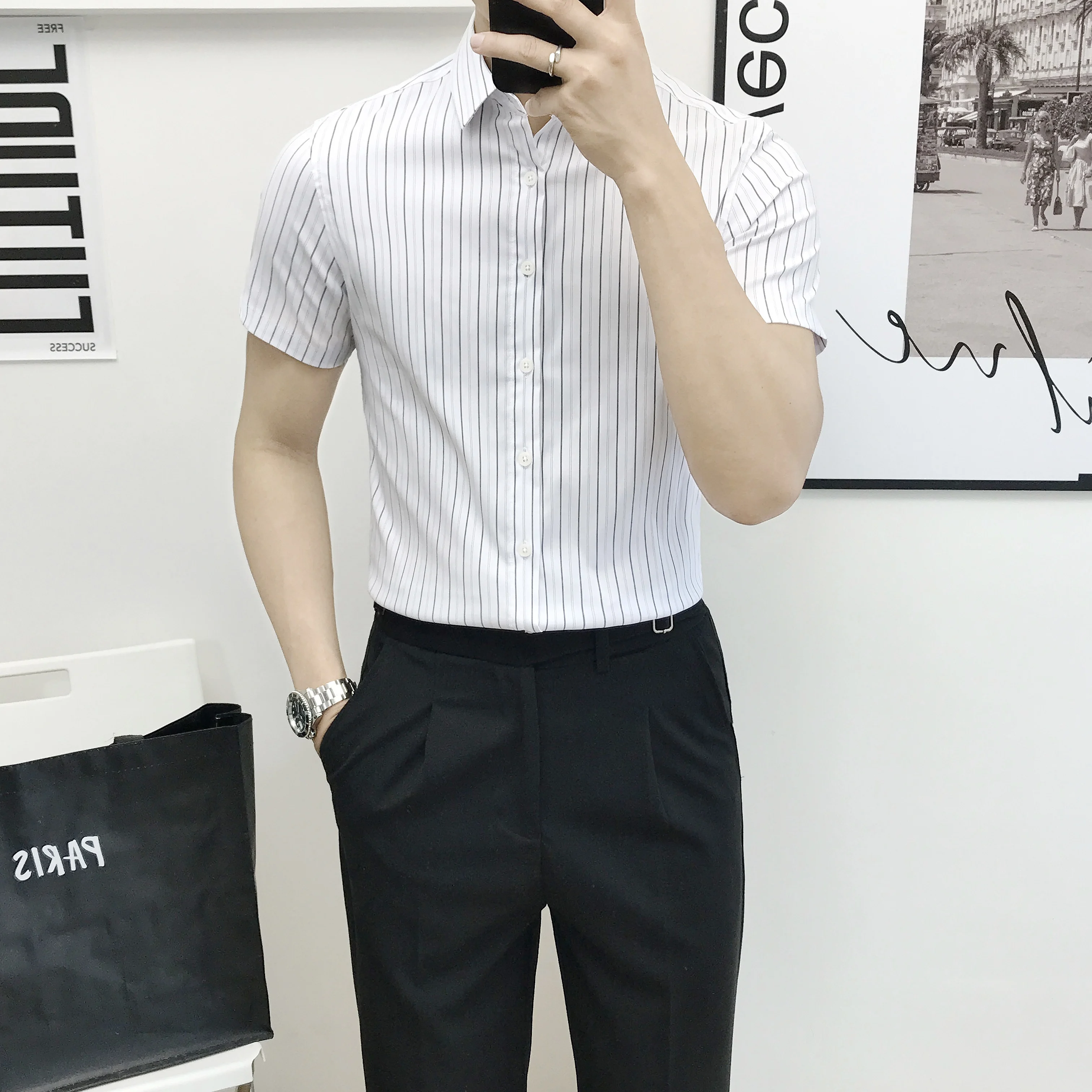 

2022 Summer Men New Short Sleeve Striped Shirts Men Clothing Slim Fit Business Casual Shirts Male Formal Wear Blouses G216
