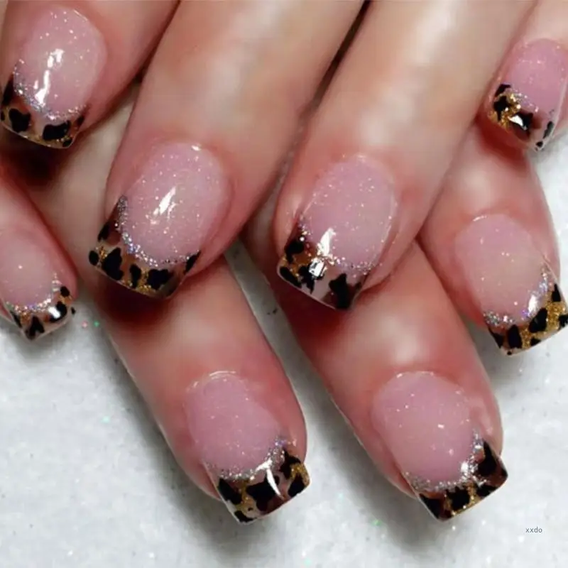 Leopard Print Square Press On Glossy French Tip Full Cover for Women