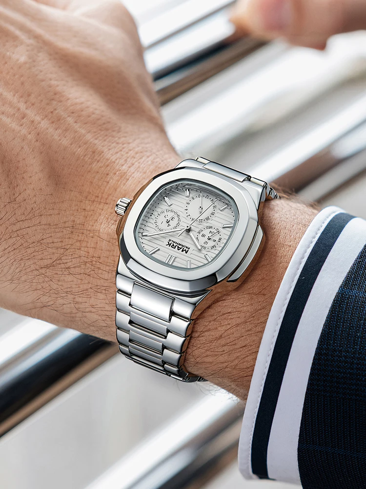 마크 페어웨일 남성 쿼츠 시계 43mm 사각 손목시계 30M 방수 발광 주간 날짜 24시간 표시