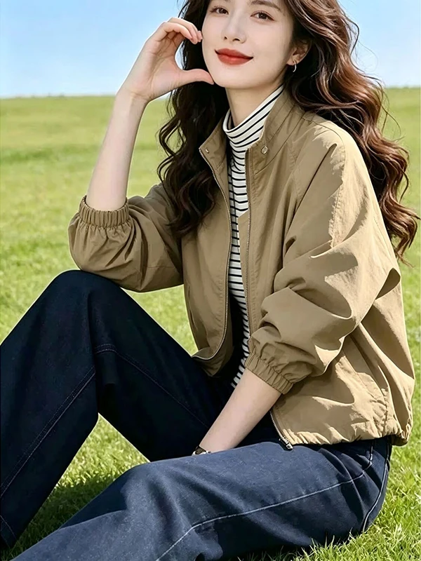 Premium Short Women's Jacket Double Layer Stand Collar Windproof Casual Spring Autumn New Style Small Size Double Layer Jacket