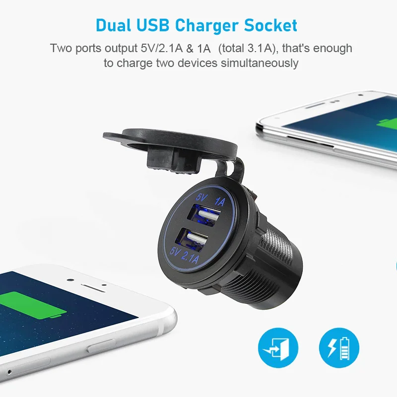 Dual USB Charger Socket Adapter Waterproof Power Outlet 3.1A LED Digital Display for 12V/24V Car Boat Marine RV Motorcycle D5