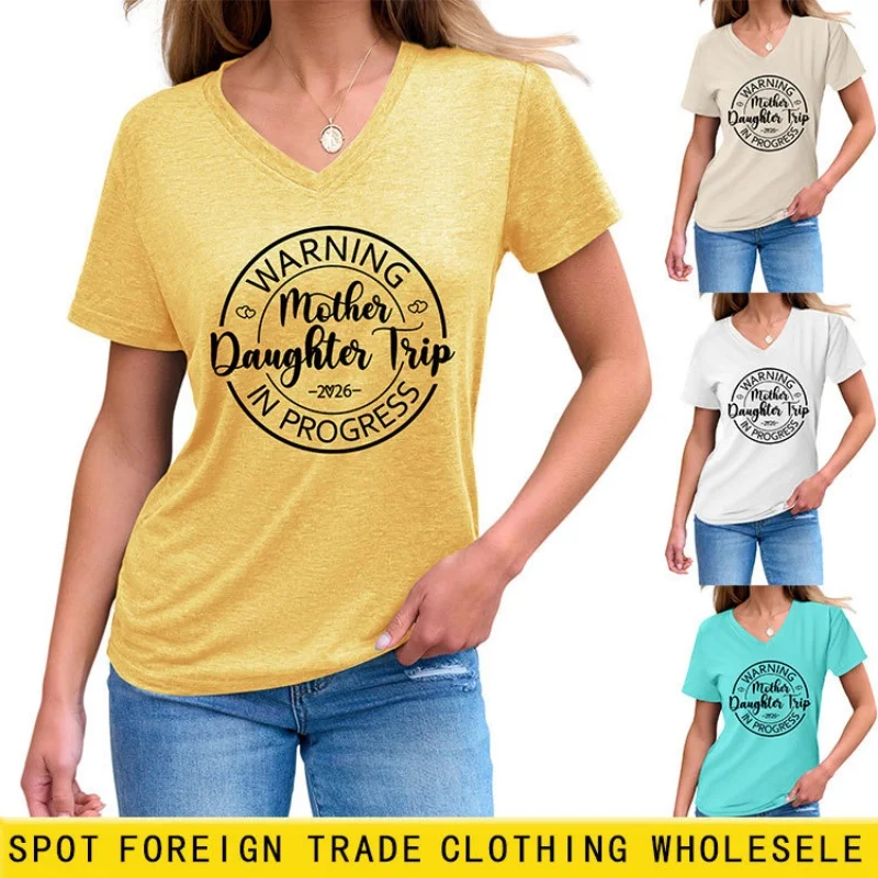 

Short-sleeved women's T-shirt with V-neck, summer loose-fitting and slimming letter print top