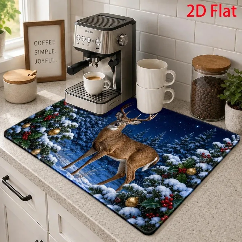 Kitchen Counter Mat Holiday Gingerbread Man Red Mug Tableware Drainer Festive Coffee Wreath Cream Cushion