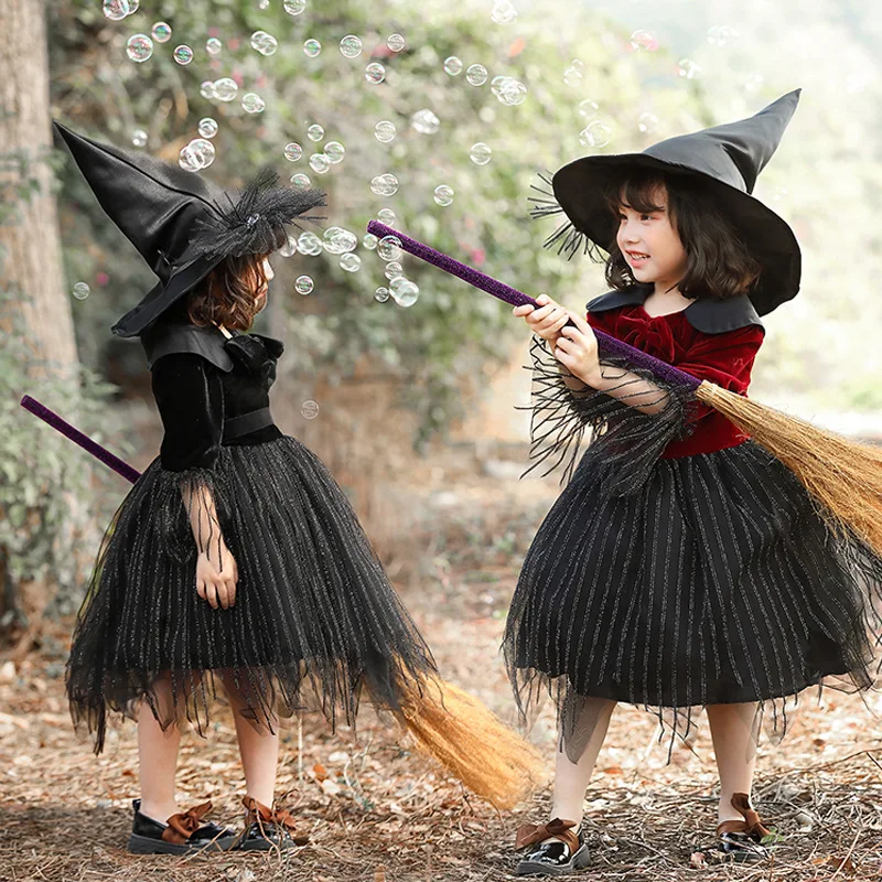 

Children's Halloween Costume Black Wine Red Set Kids Witch Cosplay Party Stage Play Costumes Girls Clothes Knee-Length Dress