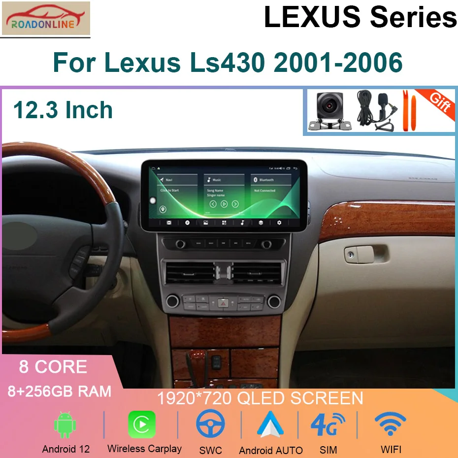 1920*720 QLED Android 12 Radio Tape Recorder For Lexus Ls430 2001-2006 8+256B GPS Navi Car Multimedia Player Head Unit CarPlay