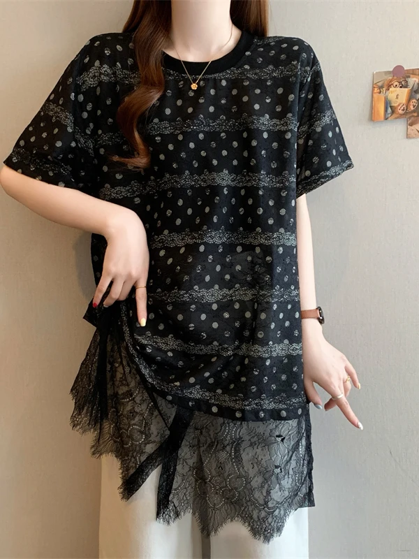 Lace Splice Short Sleeve Polka Dot T-Shirt Women Summer plus Size Slimming Midi Length Butt Covering Base Shirt Commute Style