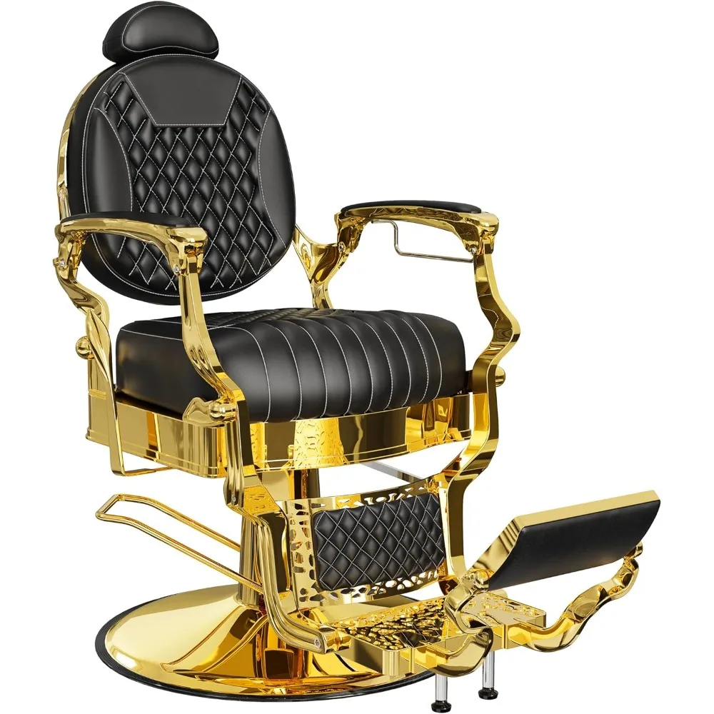 Barber Chair,Black and Gold Barber Chair, Reclining Salon Chair with Removable Headrest Retro Stylist Hair Chair20Dx25Wx38H