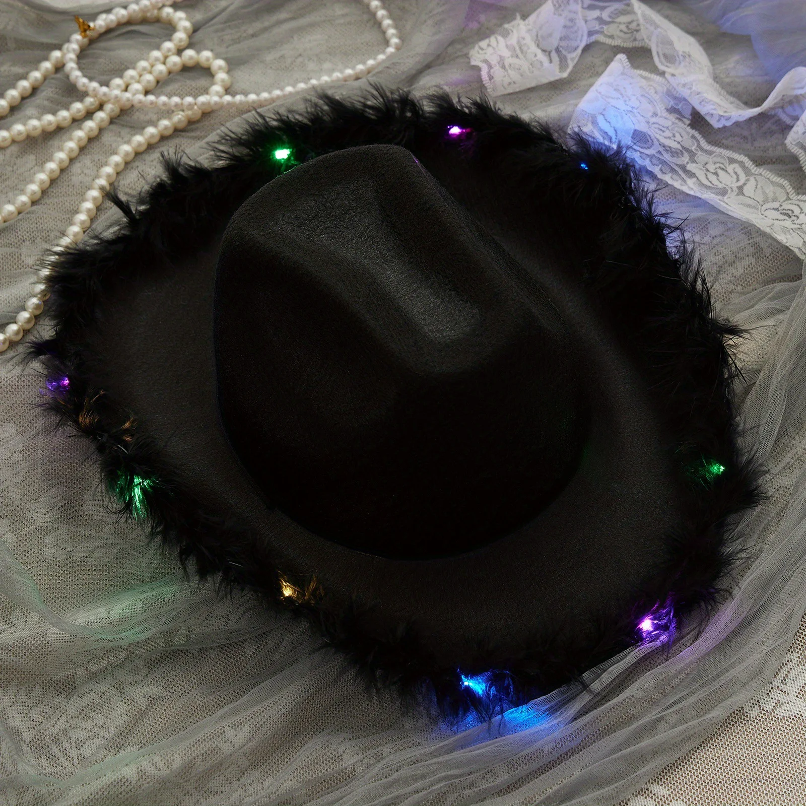 Led Light Up Cowboy Hat Women Authentic Feather Trim Aesthetic Party Hat Luxury Neon Cowgirl Caps Trendy Festival Accessory view 3