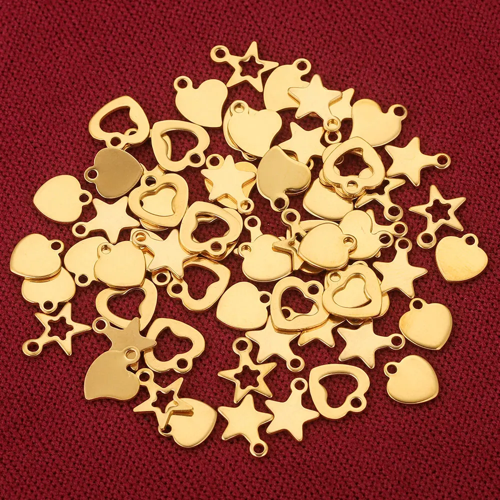 20pcs/lot Stainless Steel Gold Plated Heart Star Small Charms DIY Extend Chain Tag Jewelry Making Supplies Bulk Items Wholesale