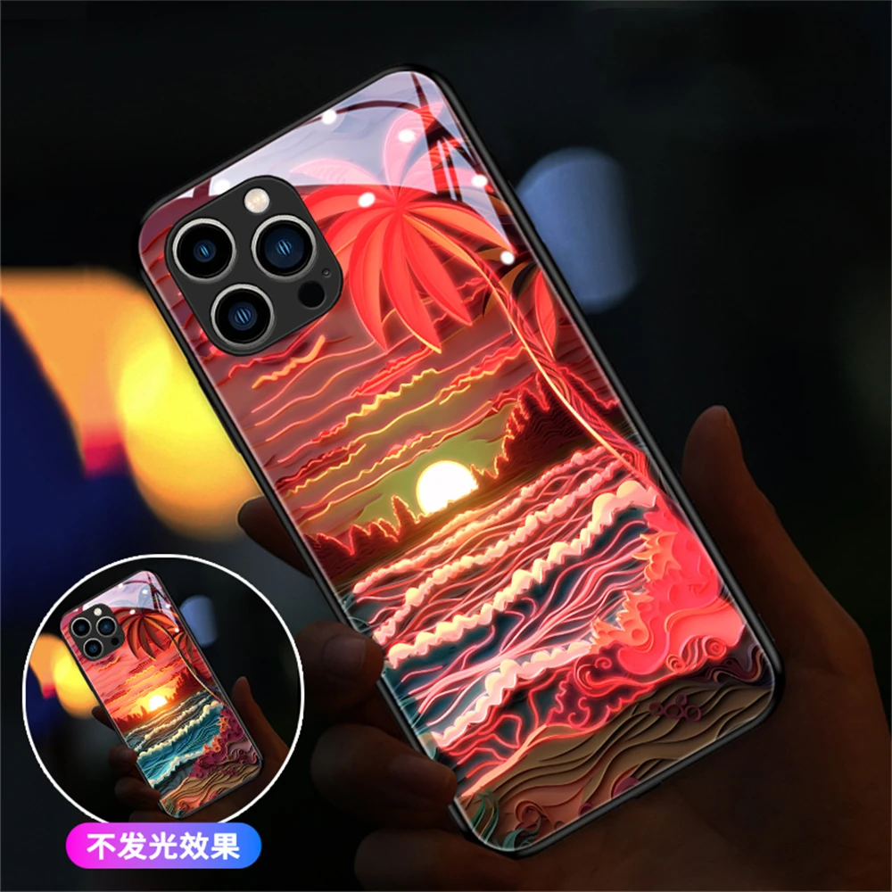 Hot Summer LED Light Glowing Luminous Glass Back Phone Case For Samsung S24 S23 S22 S21 FE Note 10 20 Plus Ultra A54 A14 A53 A52